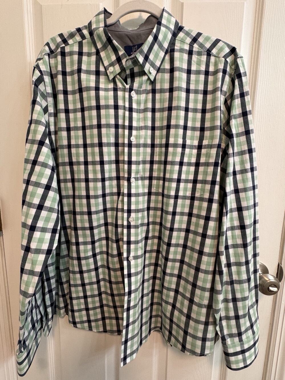 George Classic Fit Men’s XL (46-48) Button Shirt Green Blue Plaid Long Sleeve